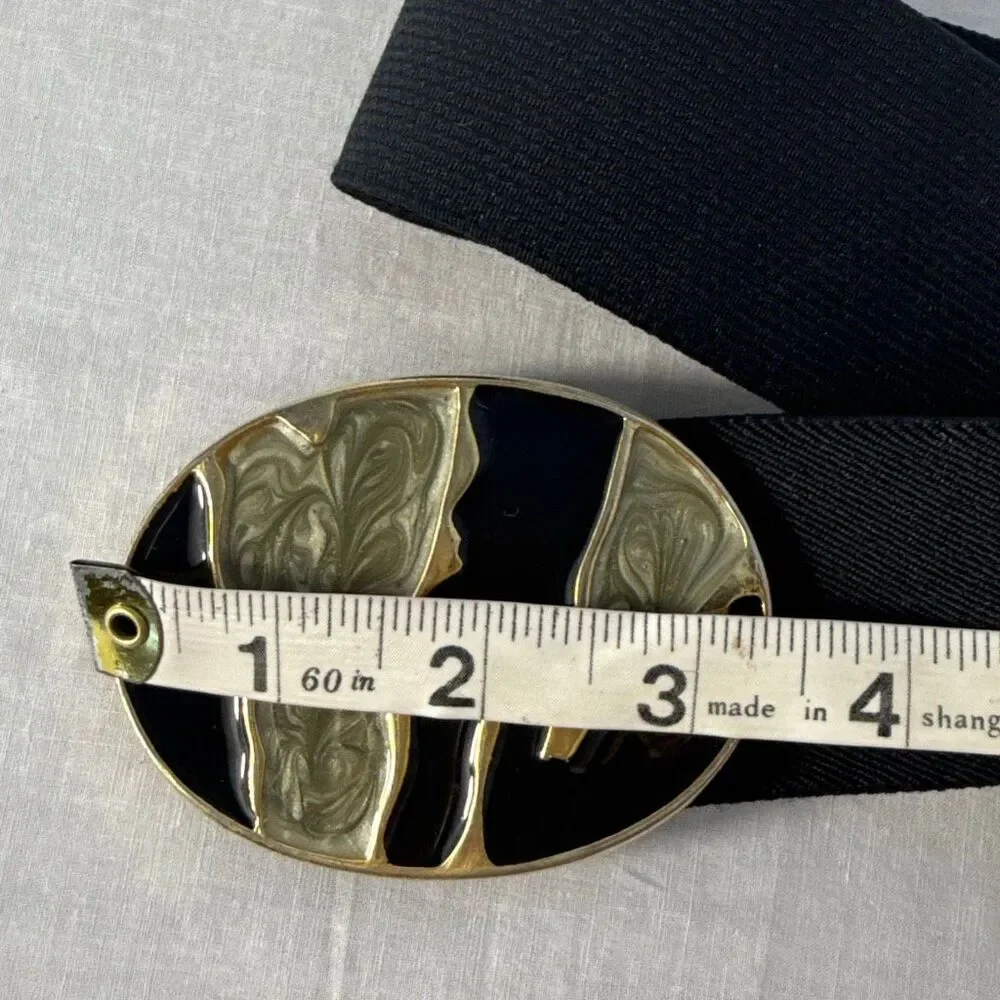 Vintage Nan Lewis Black & Gold Sculptural Enamel Buckle Belt | 1980s Modernist S